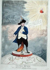 1782年にウィリアム・ハンフリーが出版した『グローリア・ムンディ（太陽に語りかける悪魔）』（手彩色の彫刻版 作： James Gillray