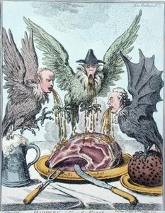ハンナ・ハンフリーが1799年に出版した「饗宴を破壊するハープアイ」（手彩色の銅版画）