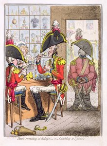 「ケルシーのヒーローズリクルート、またはセントジェームズのガードデイ」、パブ。ハンナ・ハンフリー作、1797年（カラーエッチング）