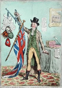 1798年にハンナ・ハンフリーが出版した「錘と天秤の改良」または「英国旗の天秤を発見するジョン・シークリア卿」（手彩色銅版画） 作： James Gillray