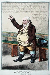 1799年にハンナ・ハンフリーが出版した『Independence, or Tyrwhitt Jones』（手彩色銅版画） 作： James Gillray