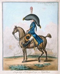 1803年にハンナハンフリーによって発行されたハイドパークのボランティア隊の検査（手描きのエッチング） 作： James Gillray