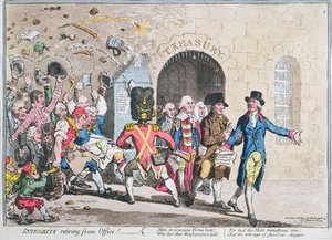 インテグリティオフィスから引退、Hannah Humphreyによって1801年に公開（アクアチントを使った手描きのエッチング） 作： James Gillray
