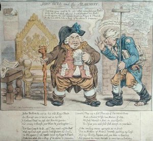 ハンナ・ハンフリーが1803年に出版した「ジョン・ブルと警笛隊」（手彩色のエッチング） 作： James Gillray