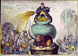 1807年にハンナハンフリーによって発行されたジョンブルとシンキングファンドまたは減税と国債の完済のためのかなりのスキーム（手描きのエッチング） 作： James Gillray