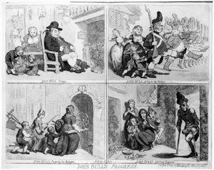ジョン・ブルズ・プログレス、パブ。ハンナ・ハンフリー作、1793年（エッチング）（バンド写真） 作： James Gillray