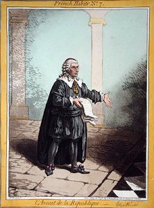 ハンナ・ハンフリーが1798年に出版した『フランス人の習慣』の第7版『共和国の弁護士』（カラー・エッチング） 作： James Gillray