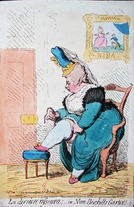 ハンナ・ハンフリーが1791年に出版した「La Derniere Resource, or Van Buchells Garters」（手彩色のエッチング）。 作： James Gillray