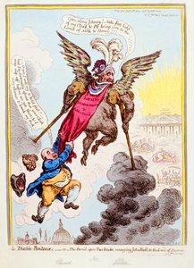 Le Diable-Boiteux、またはジョン・ブルを約束の地に運ぶ2本の棒に乗った悪魔、1806年にハンナ・ハンフリーから出版（手描きのエッチング）