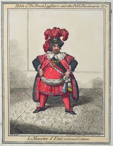 1798年にハンナ・ハンフリーが出版したシリーズ「フランスの新しい立法者とその他の公的職務従事者の習慣」より、盛装した国務大臣（手彩色エッチング）。