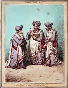 ハンナ・ハンフリーが1798年に出版した「フランス人の習慣」のプレート2「Les Membres du Conseil des Anciens」（カラーエッチング） 作： James Gillray