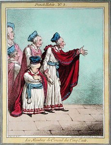 ハンナ・ハンフリーが1798年に出版した「フランスの習慣」の第3版「サンクセント会議のメンバーたち」（カラー・エッチング） 作： James Gillray