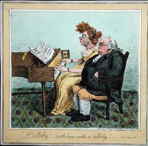 1798年にハンナ・ハンフリーが出版した「Lullaby - soothe him with a lullaby！」（手彩色の銅版画） 作： James Gillray