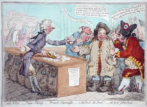 1796年にハンナ・ハンフリーが出版した「予算案の開封、またはジョン・ブルがベーコンを救うためにブリーチを与える」（手彩色の銅版画） 作： James Gillray