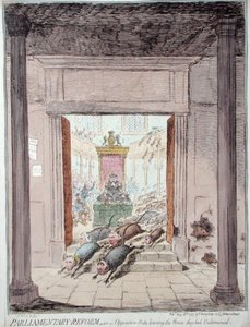ハンナ・ハンフリーが1797年に出版した「議会改革」または「自分たちが貶めた議院を去る野党のネズミ」（手彩色のエッチング） 作： James Gillray