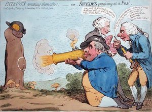1792年にハンナ・ハンフリーが出版した「Patriots amusing themselves, or Swedes practising at a Post」（手彩色エッチング）。 作： James Gillray