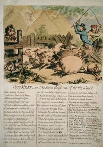 1798年にハンナ・ハンフリーが出版した「豚の肉」または「農場から追い出された豚」（手彩色の銅版画） 作： James Gillray