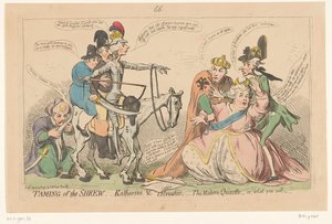 キャサリン大王を怖がらせるドン・キホーテとしてのピット、1791年 じゃじゃ馬ならし:- キャサリンとペトルーチオ: - 現代のキホーテ、またはあなたが望むもの (オブジェクトのタイトル) 作： James Gillray