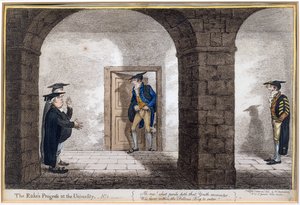 1806年にハンナハンフリーによって発行された「The Rake&39;s Progress in the University」のプレート1（手塗りのエッチング） 作： James Gillray