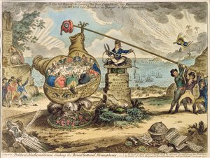 1807年にHannah Humphreyによって出版されたBroadbottom&39;d半球を振る政治数学者（エッチングと彫刻）