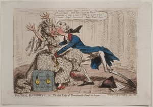 政治的暴動、または危険にさらされているThreadneedle Streetの老婦人！、Hannah Humphreyにより発行、1797年（手描きのエッチング） 作： James Gillray