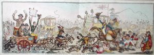 ハンナ・ハンフリーが1806年に出版した「選挙への投稿：ブレントフォードへの道の風景」（手彩色のエッチング）