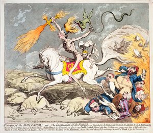 1795年にハンナハンフリーによって発行されたミレニアムの予兆（カラーエッチング、彫刻とアクアチント）