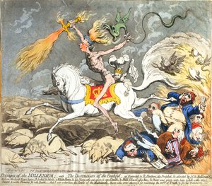 1795年にハンナハンフリーによって発行されたミレニアムの予兆（手彩色のエッチング、彫刻とアクアチント） 作： James Gillray
