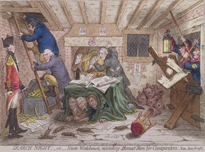 検索夜、または1798年にハンナハンフリーによって発行された共謀者のための正直な男を誤解している国家警備隊（手描きのエッチング）