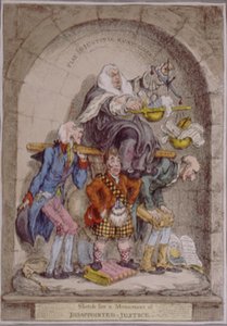 ハンナ・ハンフリーが1806年に出版した「失意の正義の記念碑」のスケッチ（手彩色の銅版画） 作： James Gillray