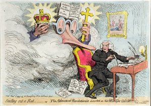 1790年にハンナ・ハンフリーによって出版された真夜中の「計算」で邪魔されたネズミの匂い、または無神論的革命家（手描きのエッチング） 作： James Gillray