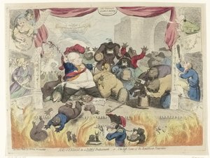 州知事ウィリアム 5 世の回復後の愛国者のパニックに関する漫画、1787 年 窮地に陥ったアムステルダム、または共和党のパントマイムの最後のシーン (オブジェクトのタイトル) 作： James Gillray