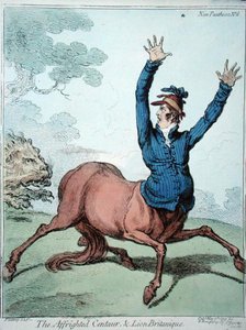 ハンナ・ハンフリーが1799年に出版した「直立したケンタウルスとブリタニカのライオン」（手彩色の銅版画） 作： James Gillray