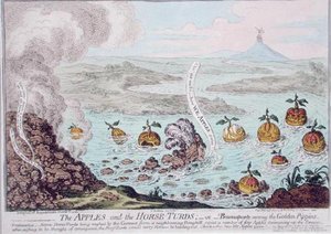 1800年にハンナ・ハンフリーが出版した『リンゴと馬の群れ、または金色のピピンの中のブオナパルト』（手彩色のエッチング）。 作： James Gillray