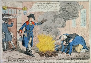 1795年にハンナハンフリーによって出版された公共の絞首刑執行人によって焼かれた王冠とアンカーリーベル（手描きのエッチング）