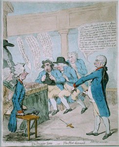 ハンナ・ハンフリーが1792年に出版した『短剣の情景』または『陰謀の発見』（手彩色の銅版画） 作： James Gillray