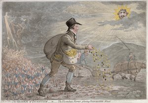 1796年にハンナハンフリーによって出版された愛国主義の属、またはベッドフォードシャー小麦を植えるブルームズベリー農夫（手塗りのエッチング）