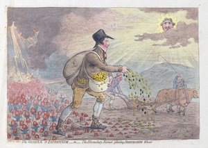 愛国心の属、またはベッドフォードシャー小麦、パブを植えるブルームズベリー農夫。 1796年（手描きの彫刻） 作： James Gillray