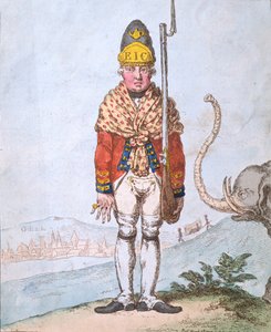 1797年にハンナハンフリーから出版された彼のショールに身を包んだリーダーホールボランティア（手描きのエッチング）
