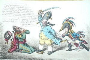 ハンナ・ハンフリーが1806年に出版した「プロイセンの背信行為を懲らしめる寛大な大臣」（手彩色の銅版画） 作： James Gillray
