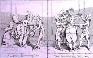 1782年にウィリアム・ハンフリーが出版した「The Minister In - The Minister Out」（エッチング）。 作： James Gillray