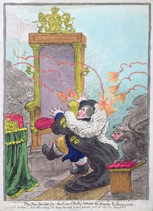 1800年にハンナハンフリーによって発行された、ホークスとノスリの間の新しい講演者（法のひよこ）（手描きのエッチング） 作： James Gillray