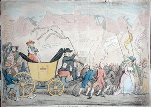 ハンナ・ハンフリーが1792年に出版した『アール・ウルフのブラックヘブンへの太平洋側の入り口』（手彩色の銅版画） 作： James Gillray