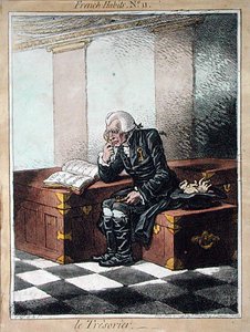 会計係」、ハンナ・ハンフリーが1798年に出版した「フランスの習慣」の第11版（カラー・エッチング） 作： James Gillray
