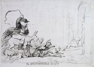 1788年に出版された『ウェストミンスター・ハント』（手彩色の銅版画） 作： James Gillray