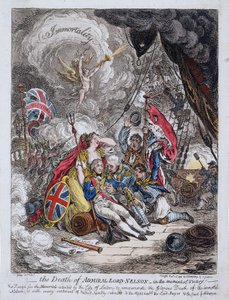 ホレイショ・ネルソン提督(1758-1805)の戦勝時の死去 作： James Gillray
