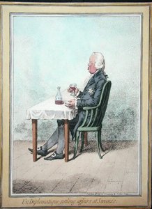 ハンナ・ハンフリーが1797年に出版した「スティーブンスで問題を解決する外交官」（手彩色の銅版画）