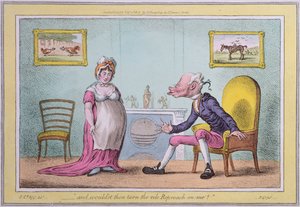 「そして、あなたは私に卑劣な非難を回すだろう」1807年にハンナ・ハンフリーから出版された（手描きのエッチング） 作： James Gillray