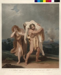 アダムはエヴァの隣でアベルの遺体を自宅に運ぶ 作： James Godby