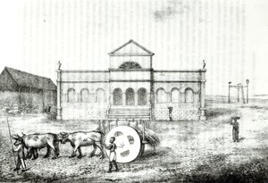 1821年にロンドンで出版されたジェームズヘンダーソンによる「ブラジルの歴史」のイラスト、リオエクスチェンジ、公共のトラピシェ、グラスワゴンと絞首台 作： James Henderson